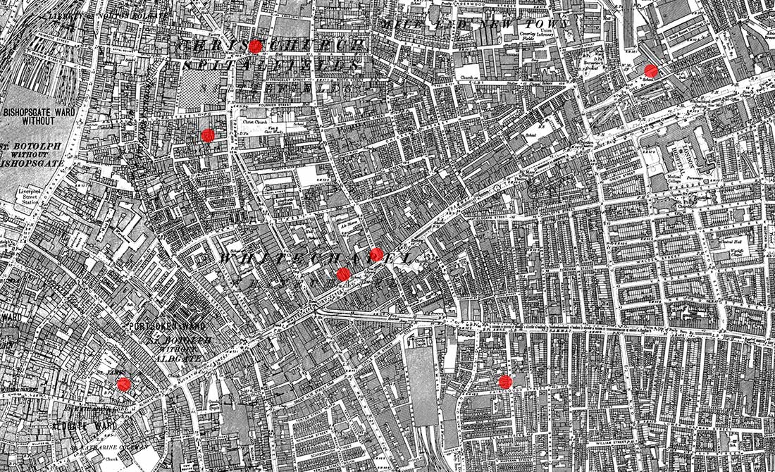 Mapa Londona koja pokazuje na kojim mestima su izvršena ubistva